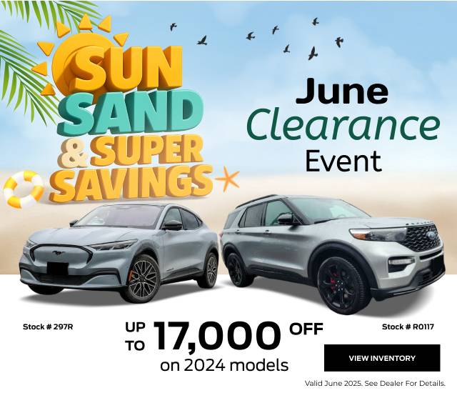 Fraser Ford “Sun & Sand Super Savings” promotion, showing a Ford vehicle on the beach in the sun, with text highlighting special offers and the Fraser Ford logo.