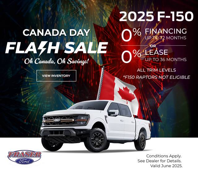 Fraser Ford's Canada Day Flash Sale, featuring a Ford vehicle surrounded by patriotic elements (maple leaves, red and white) and promotional text highlighting Canada Day discounts.